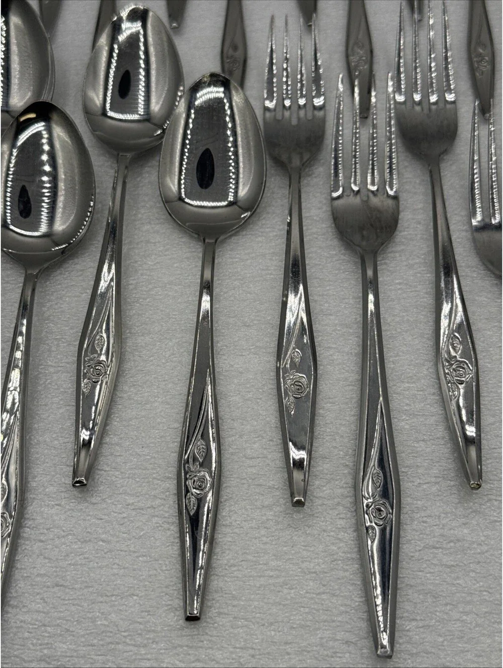 Vintage MCM 30pc Spritely Rose Stainless Steel Flatware Creative Manor M Japan